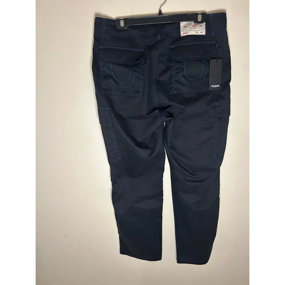 True Religion Baggy Cargo Pants Jet Black Pacific Blue Contrast Stitch 34 NWT